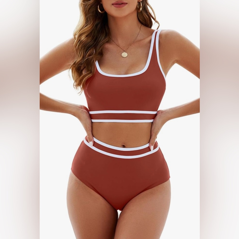 Elegant Rust Bikini Set with White Trim